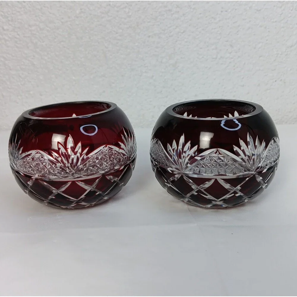 Crystal Ruby Red Cut To Clear Vase Bowl Candle Holder Cut Glass Bohemian READ